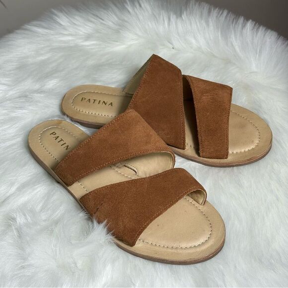 Tan Suede Slip-On Sandals with Asymmetrical Straps made in Italy - Picture 1 of 8